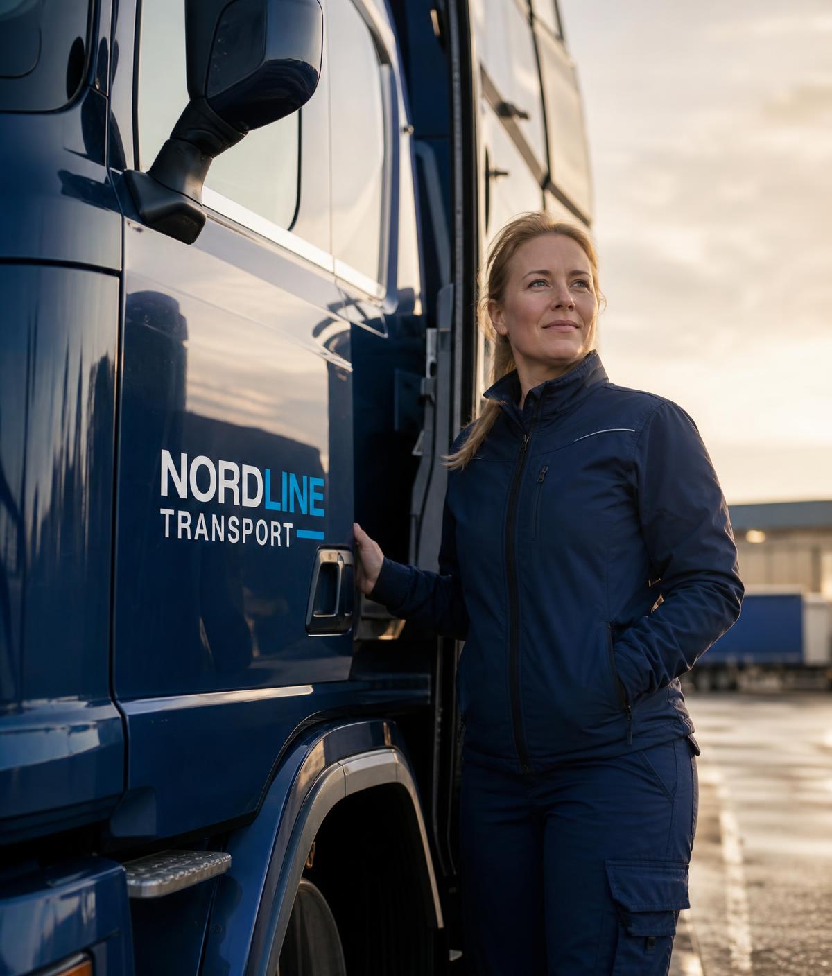 Chauffør i Nordline Transport-arbejdstøj ved lastbilens førerhus