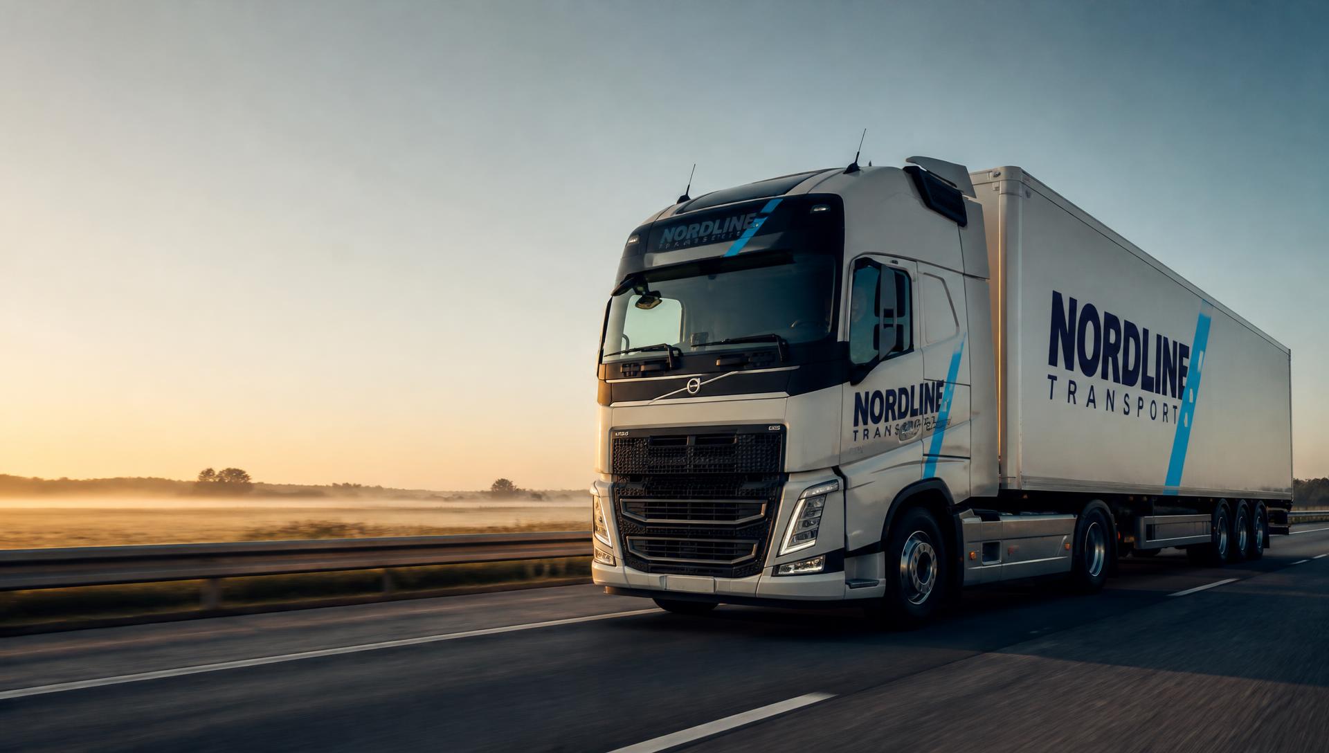 Nordline Transport-lastbil med trailer på dansk motorvej i morgenlys